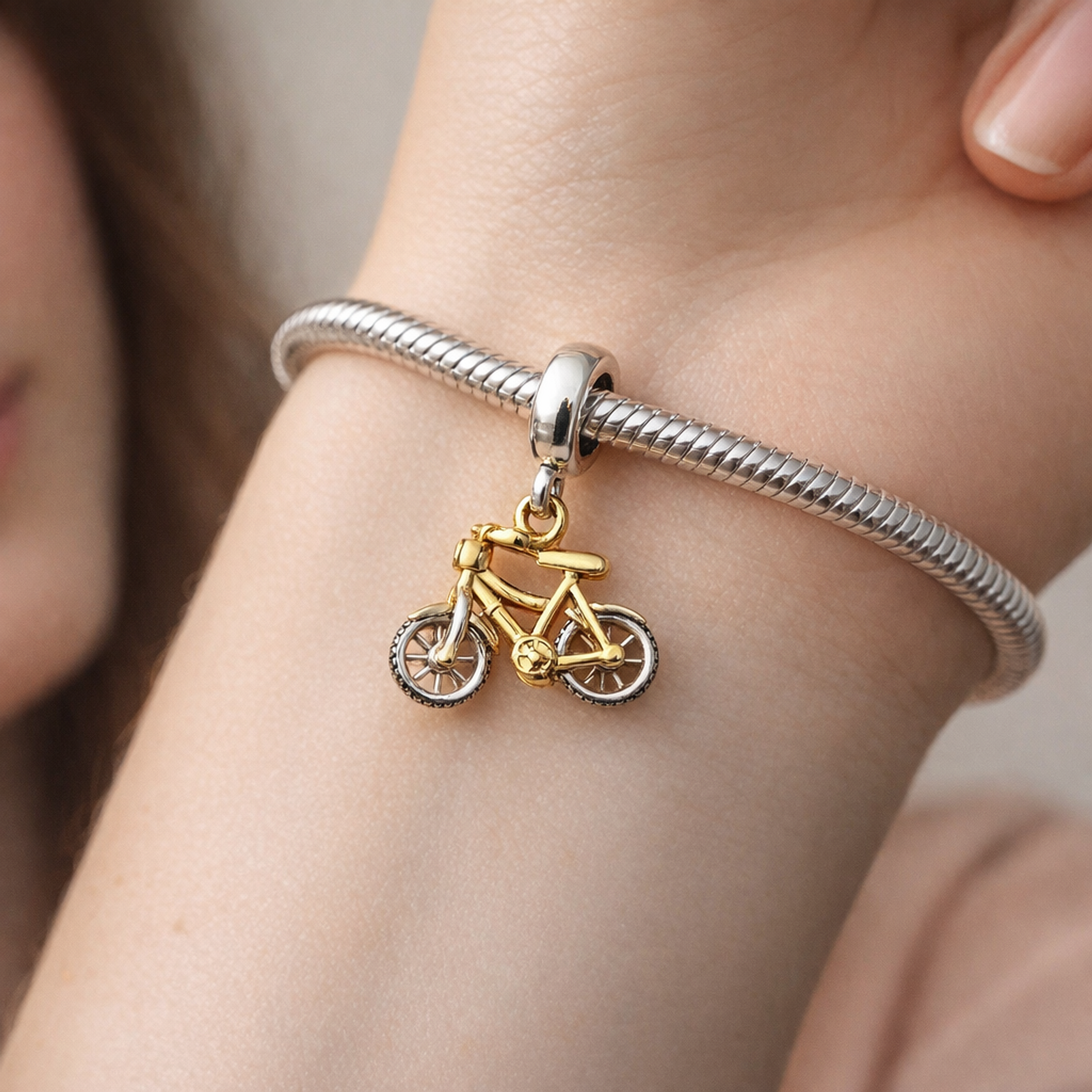 Gold Plated Bicycle Charm - Gold Plated Bicycle Charm — worn on wrist