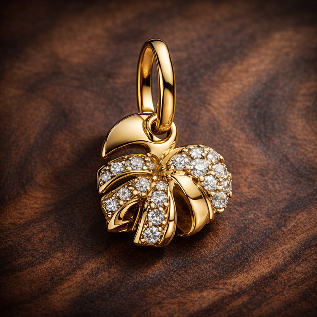 Sparkling Monstera Leaf Dangle Charm — display on walnut