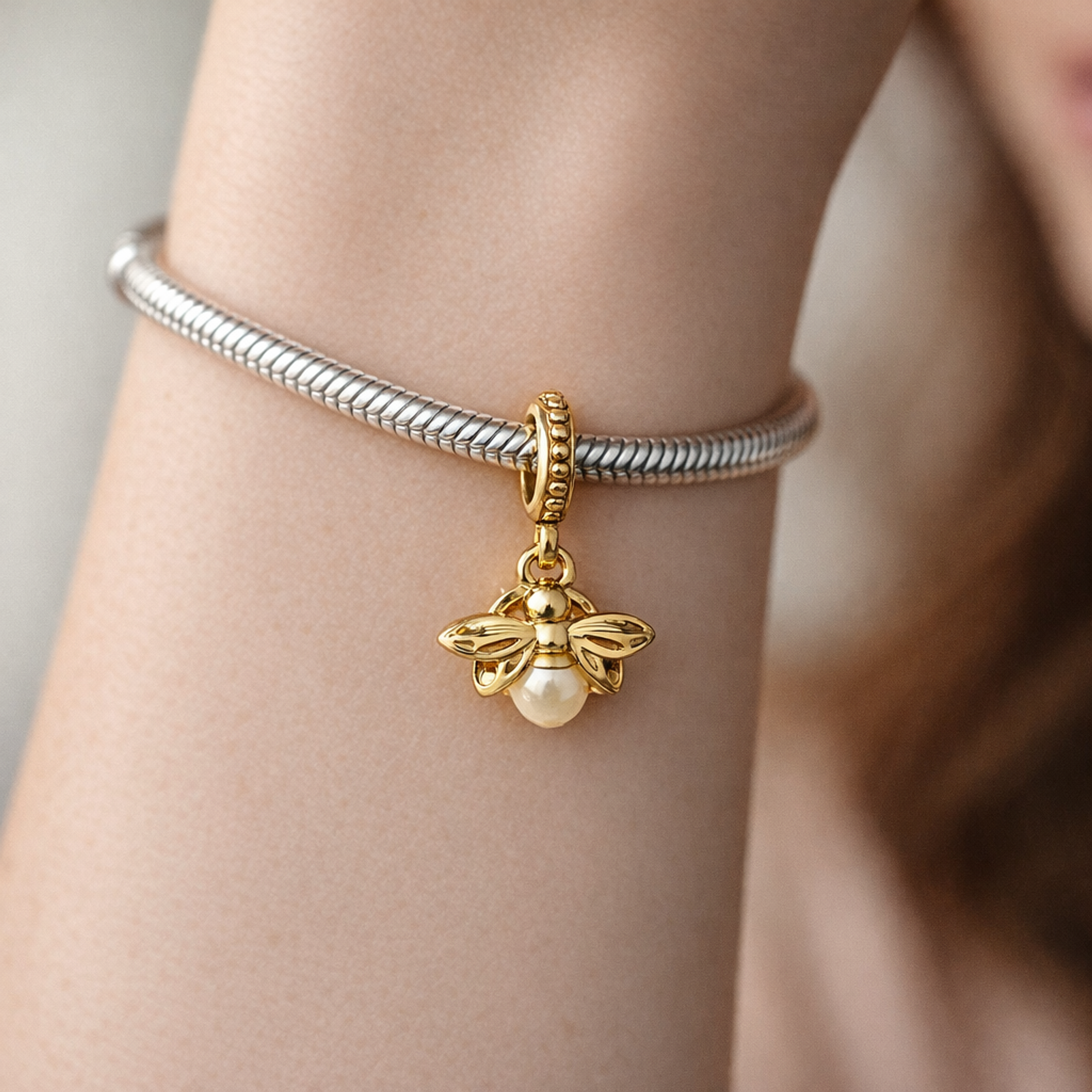 Gold Plated Flower Dangle Charm - Gold Plated Flower Dangle Charm — worn on wrist