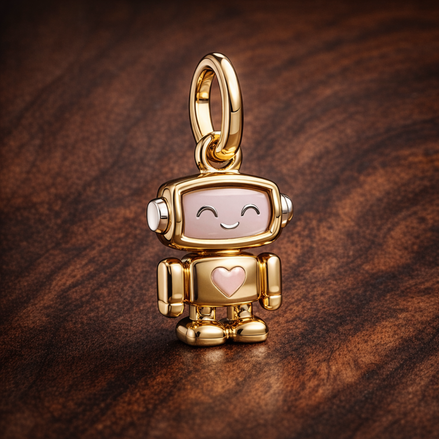 Spinnable Face Robot Dangle Charm — display on walnut