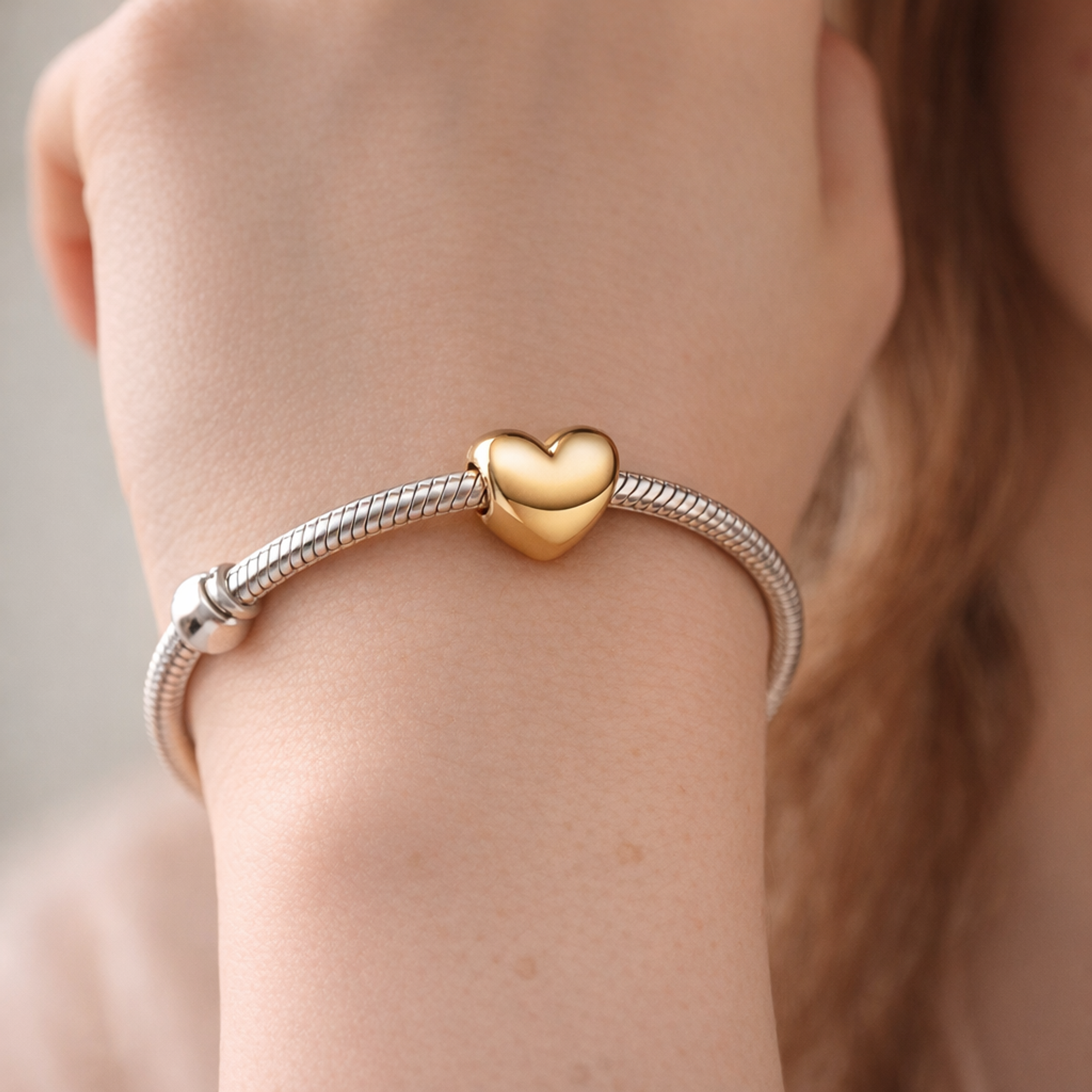 Be Love Engravable Heart Charm — worn on wrist