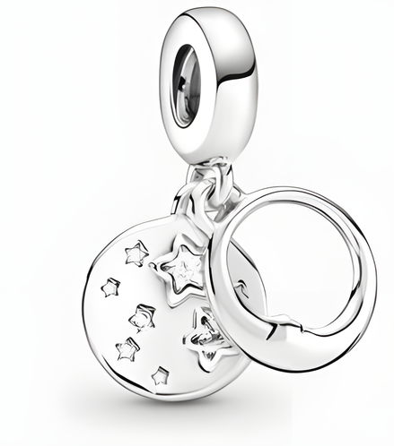 Sterling Silver Double Disc Dangle Charm with Stars and Crescent Moon