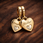 Double Heart Split Dangle Charm — display on walnut