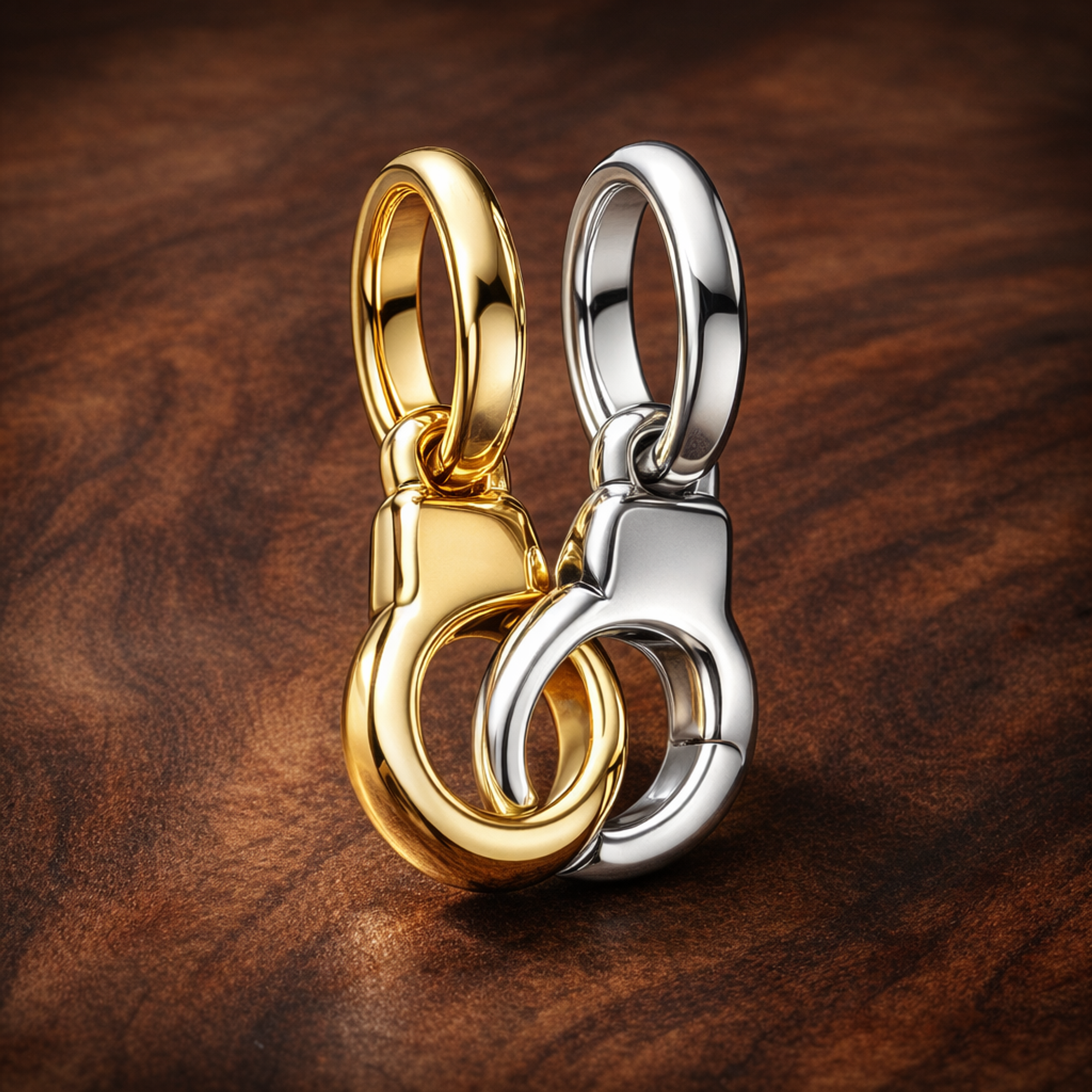 Two-Tone Handcuffs - Two-Tone Handcuffs Charm — display on walnut