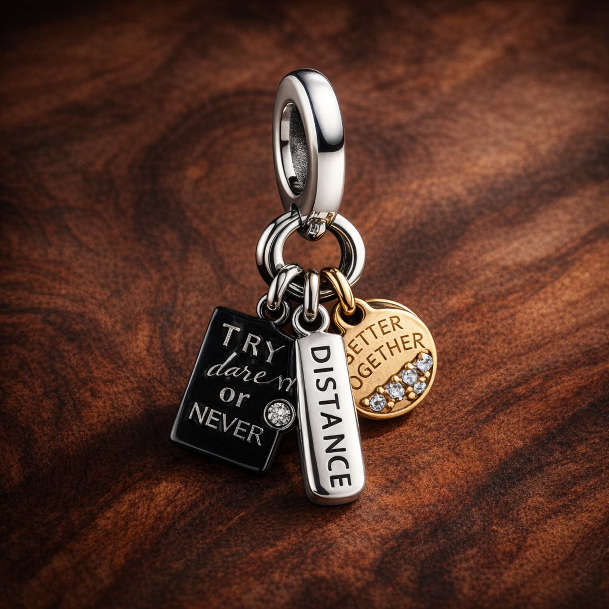 Friendship Triple Dangle Charm — display on walnut
