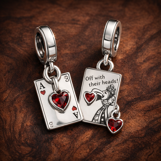 Queen of Hearts Card Charm - Queen of Hearts Card Charm — display on walnut