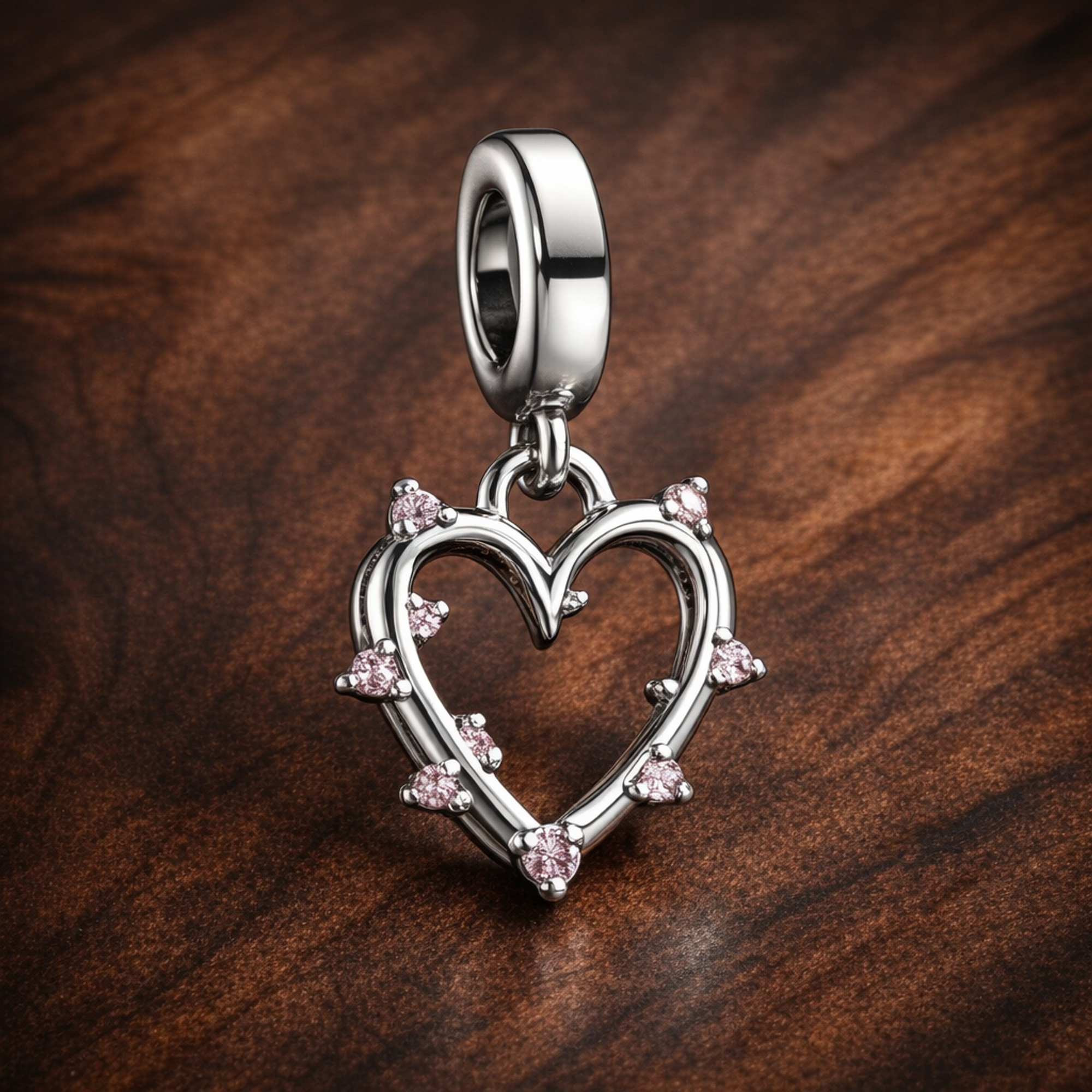 Friendship Opalescent Double Dangle Charm — display on walnut