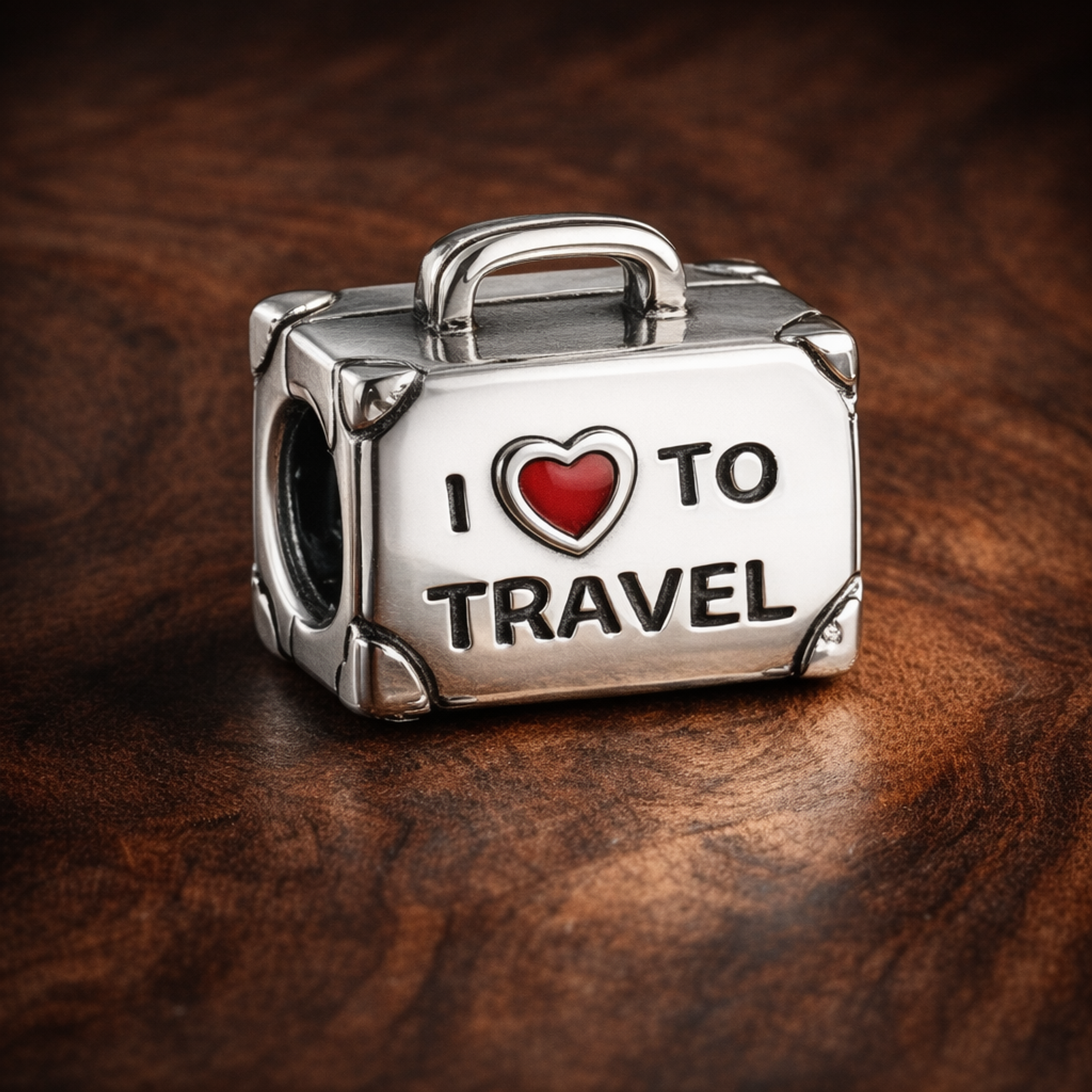 I Love To Travel Suitcase Charm - I Love To Travel Suitcase Charm — display on walnut