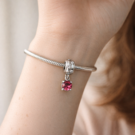 Pink Square Crystal Dangle Charm - Pink Square Crystal Dangle Charm — worn on wrist