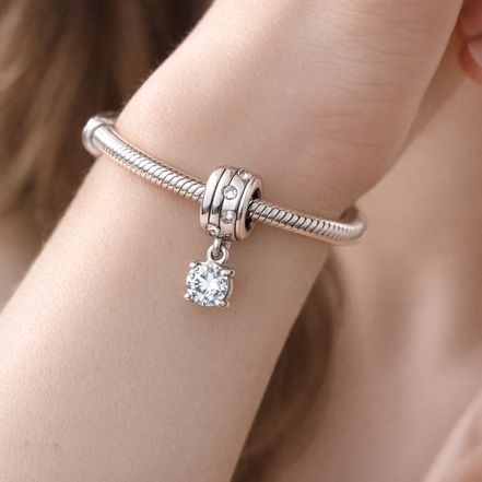 Clear Square Crystal Dangle Charm - Clear Square Crystal Dangle Charm — worn on wrist