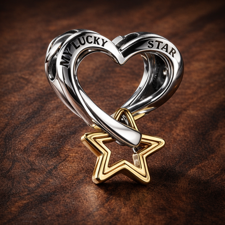 Lucky Star Heart - Lucky Star Heart Charm — display on walnut