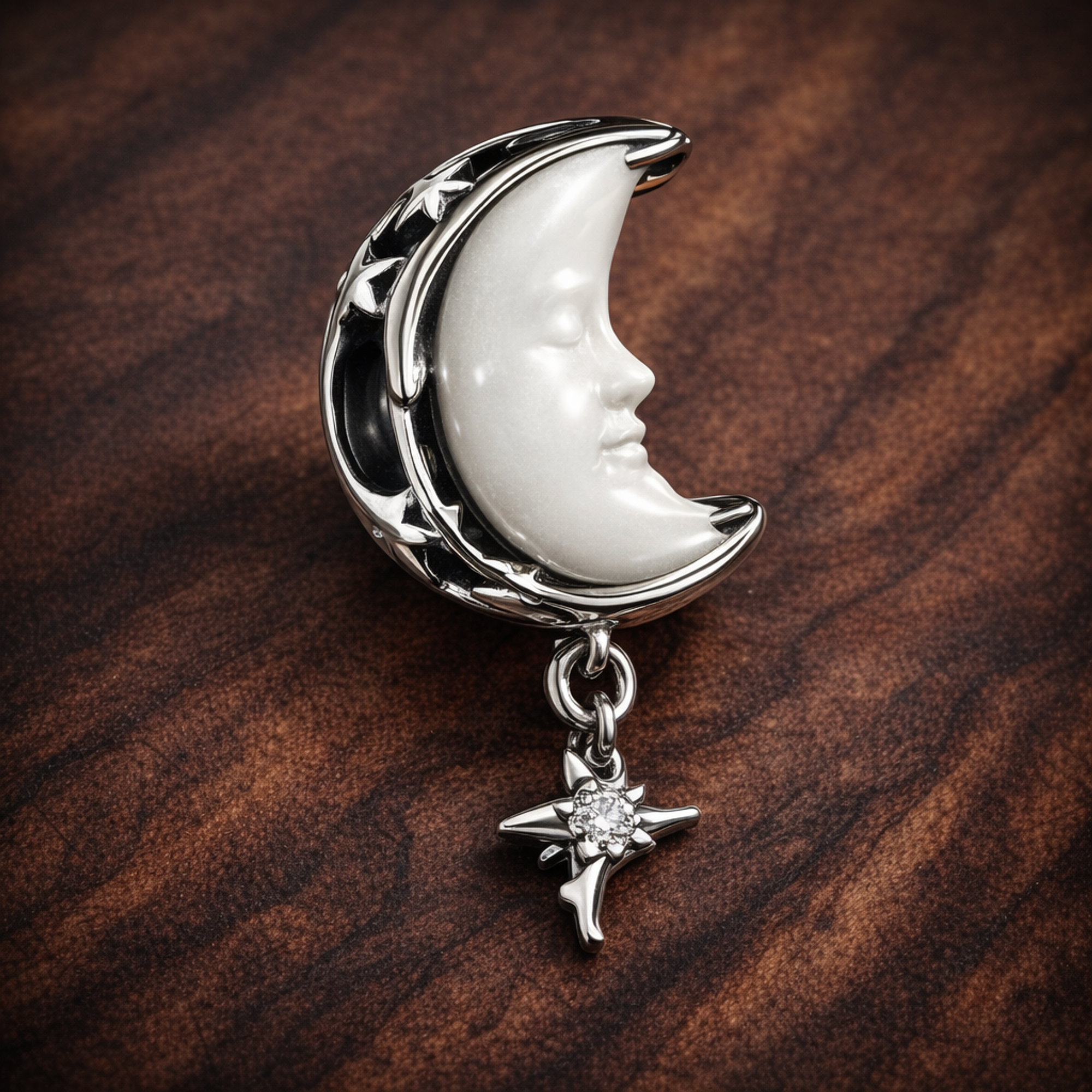 Moon & North Star Charm — display on walnut