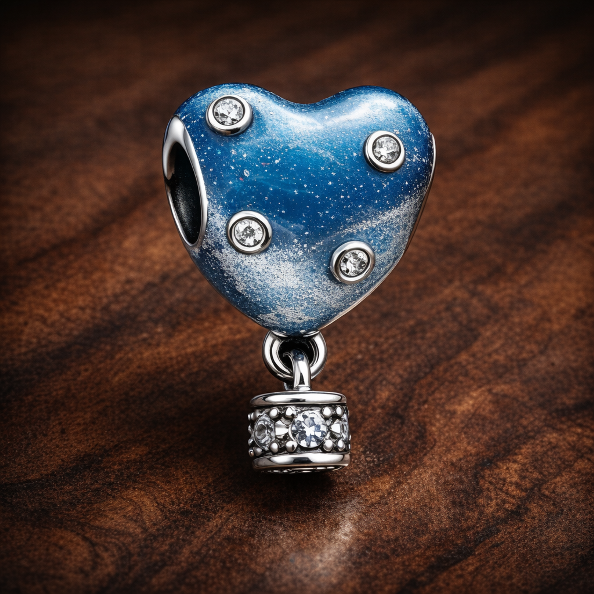Hot Air Balloon Heart Charm — display on walnut