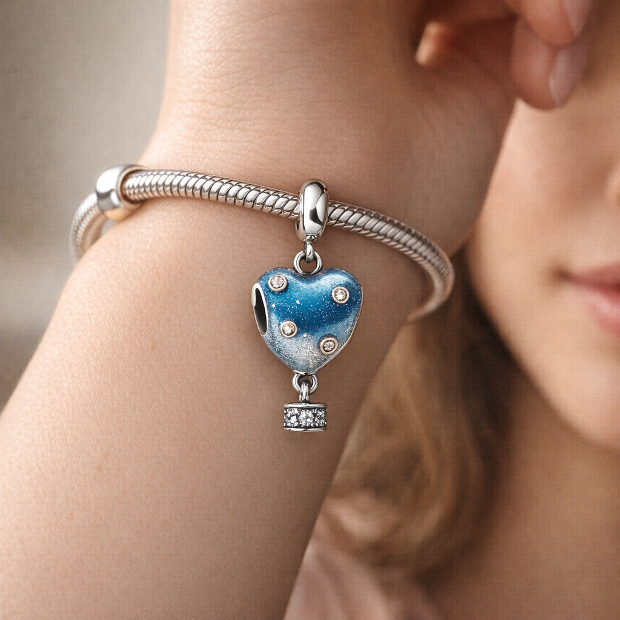 Hot Air Balloon Heart Charm — worn on wrist