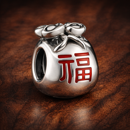 Silver Lucky Fu Bag Charm - Silver Fu Lucky Bag Charm — display on walnut