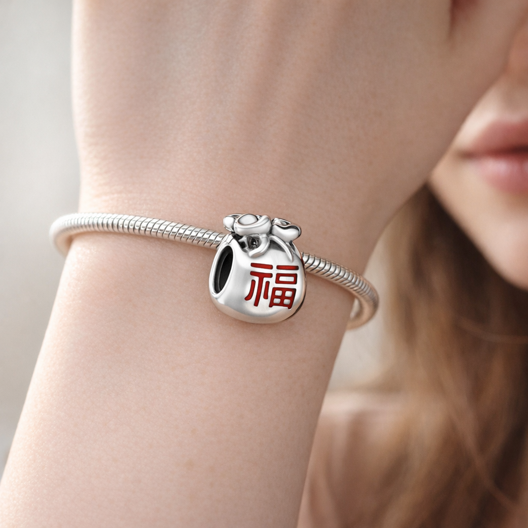 Silver Lucky Fu Bag Charm - Silver Fu Lucky Bag Charm — worn on wrist