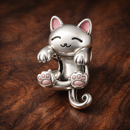 Sleepy White Cat Charm - Sleepy Cat Charm — display on walnut