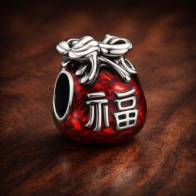 Red Lucky Fu Bag Charm - Red Fu Lucky Bag Charm — display on walnut