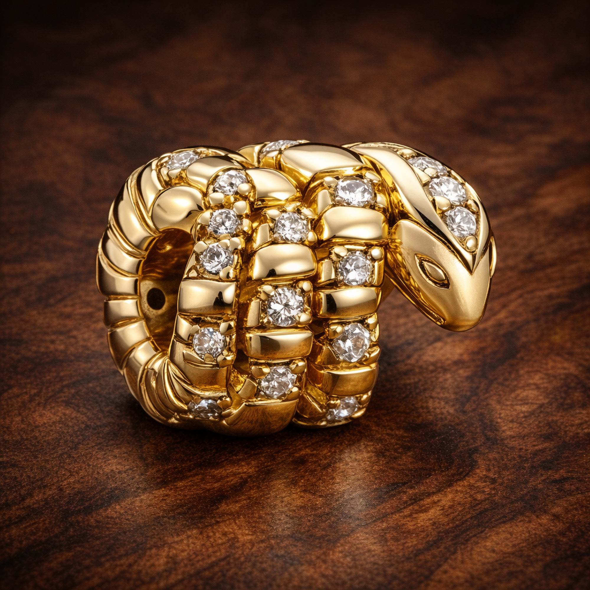 Curled Snake Charm — display on walnut