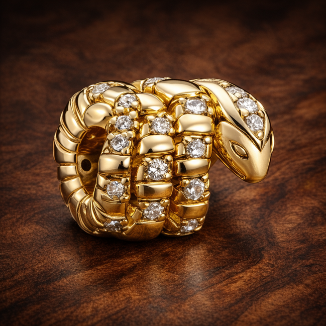 Curled Snake Charm — display on walnut