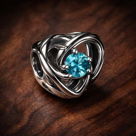 Entwined Heart Charm for UNICEF — display on walnut