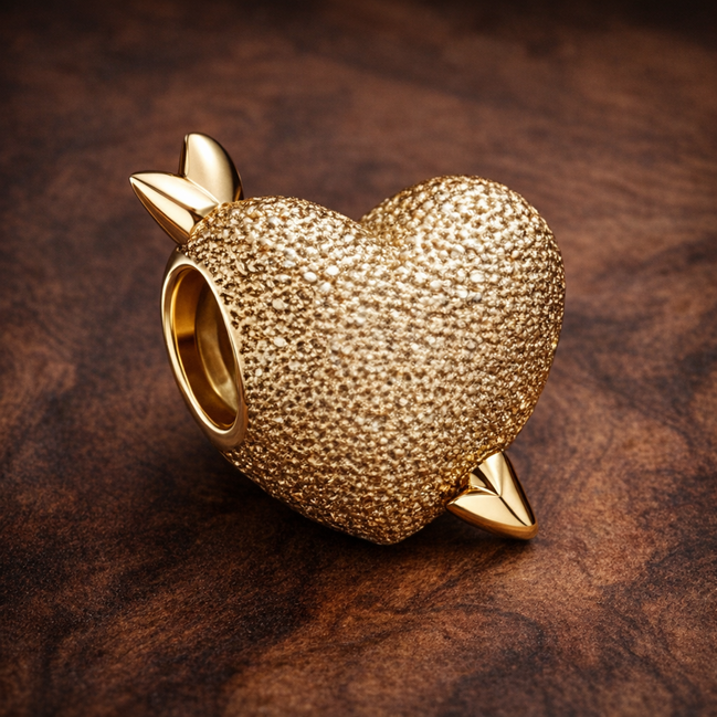 Cupid Heart Charm — display on walnut