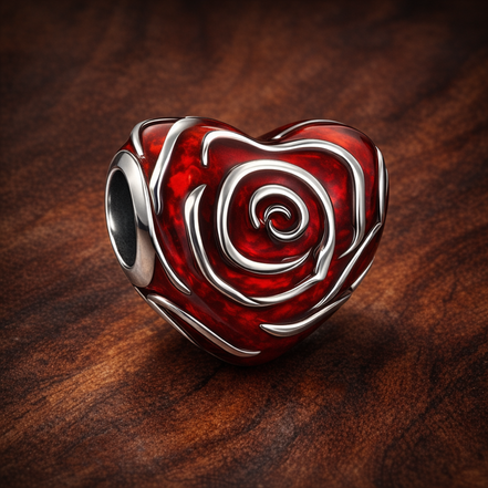 Rose Heart Charm — display on walnut