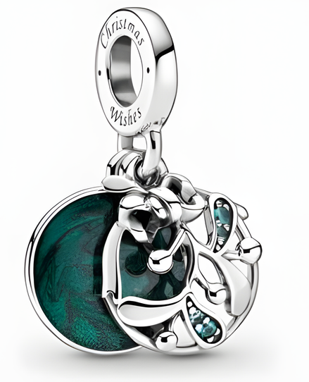 Sterling Silver Holiday Wreath Double Dangle Charm with Green Enamel and Stones