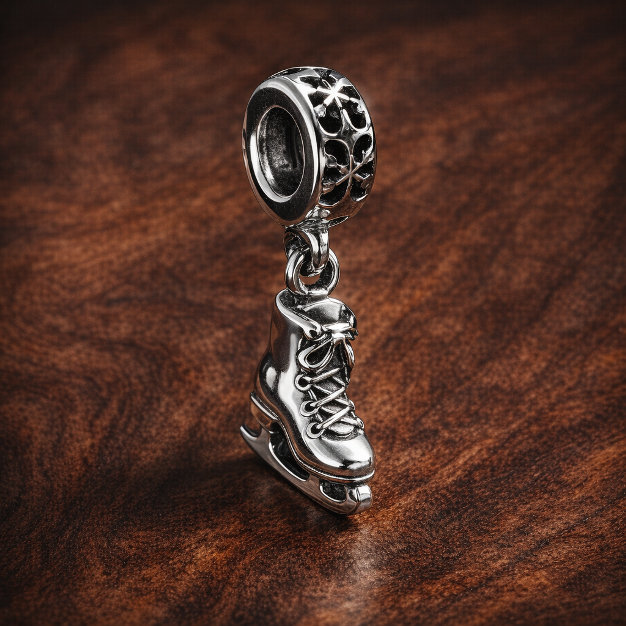 Snowflake Skate Dangle Charm - Snowflake Skate Charm — display on walnut