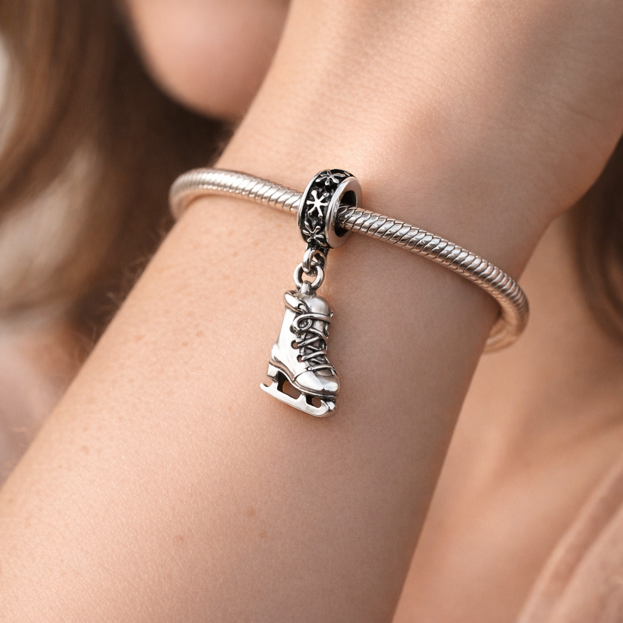 Snowflake Skate Dangle Charm - Snowflake Skate Charm — worn on wrist