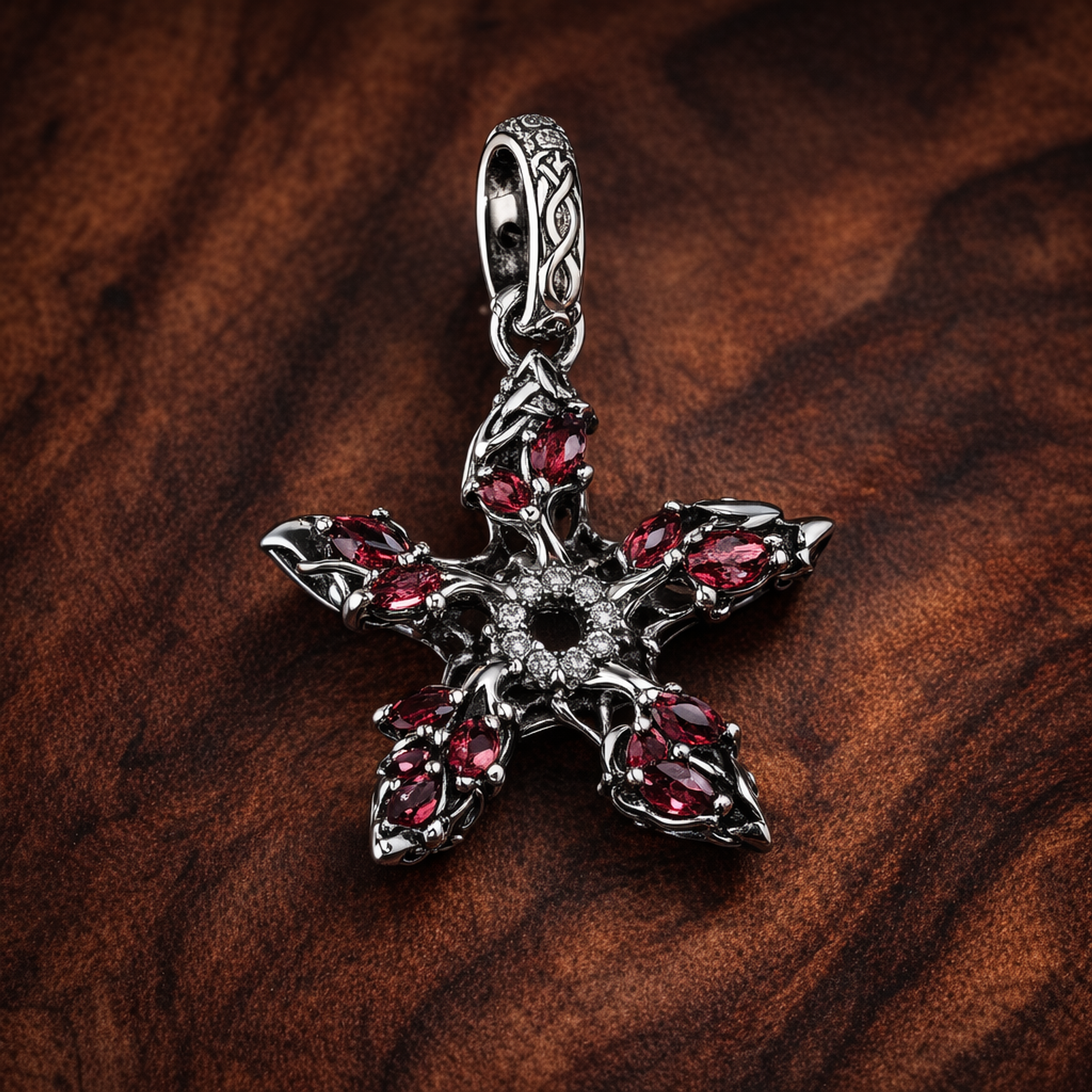 Red Crystal Snowflake Charm - Red Crystal Snowflake Charm — display on walnut