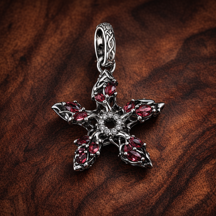 Red Crystal Snowflake Charm - Red Crystal Snowflake Charm — display on walnut