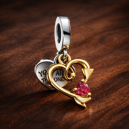 Engravable Heart & Arrow Double Dangle Charm — display on walnut