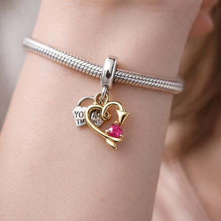 Engravable Heart & Arrow Double Dangle Charm — worn on wrist