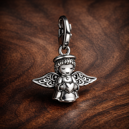 Silver Angel Cherub Charm - Little Angel Charm — display on walnut