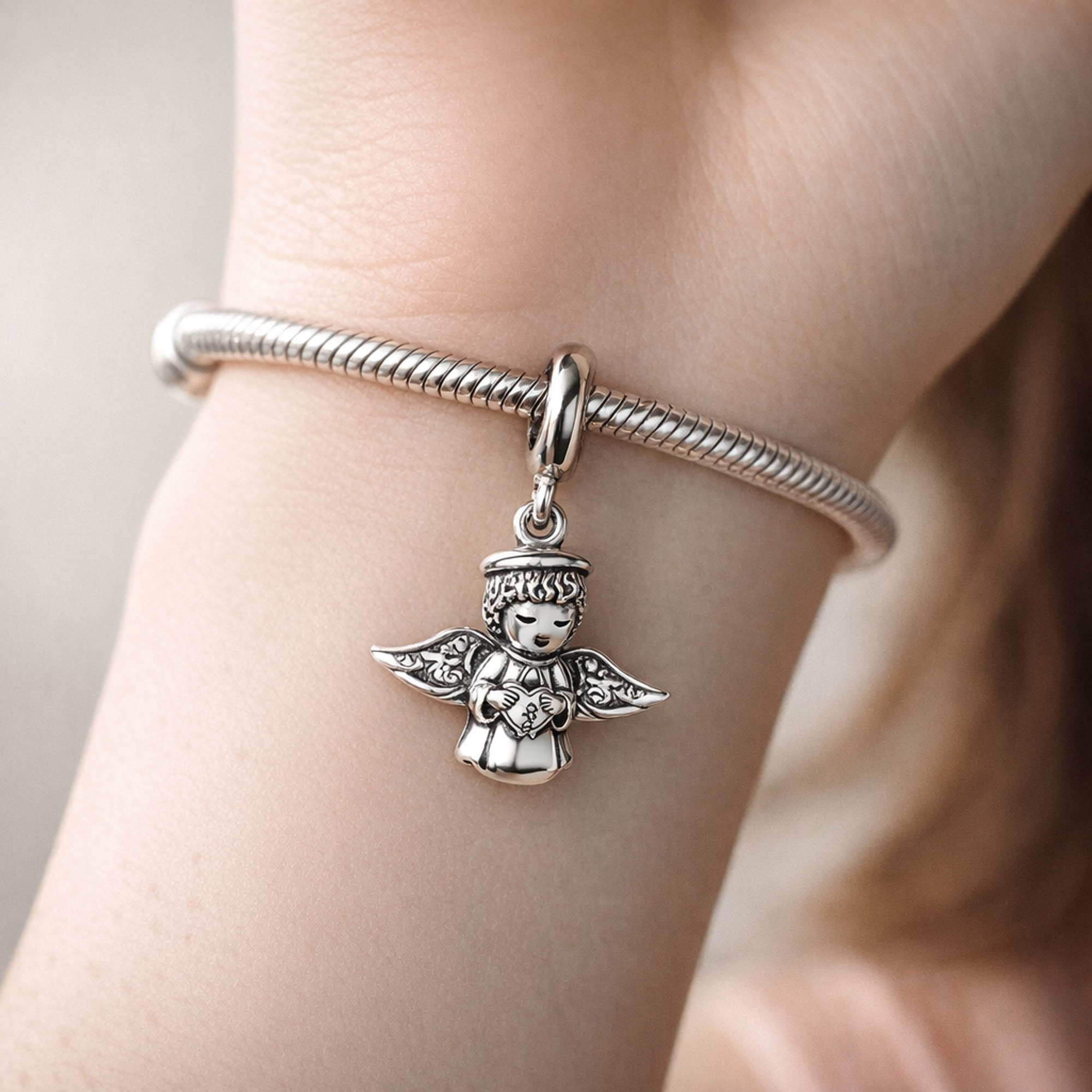 Silver Angel Cherub Charm - Little Angel Charm — worn on wrist