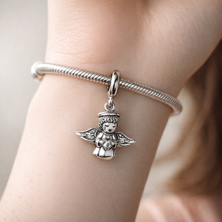 Silver Angel Cherub Charm - Little Angel Charm — worn on wrist