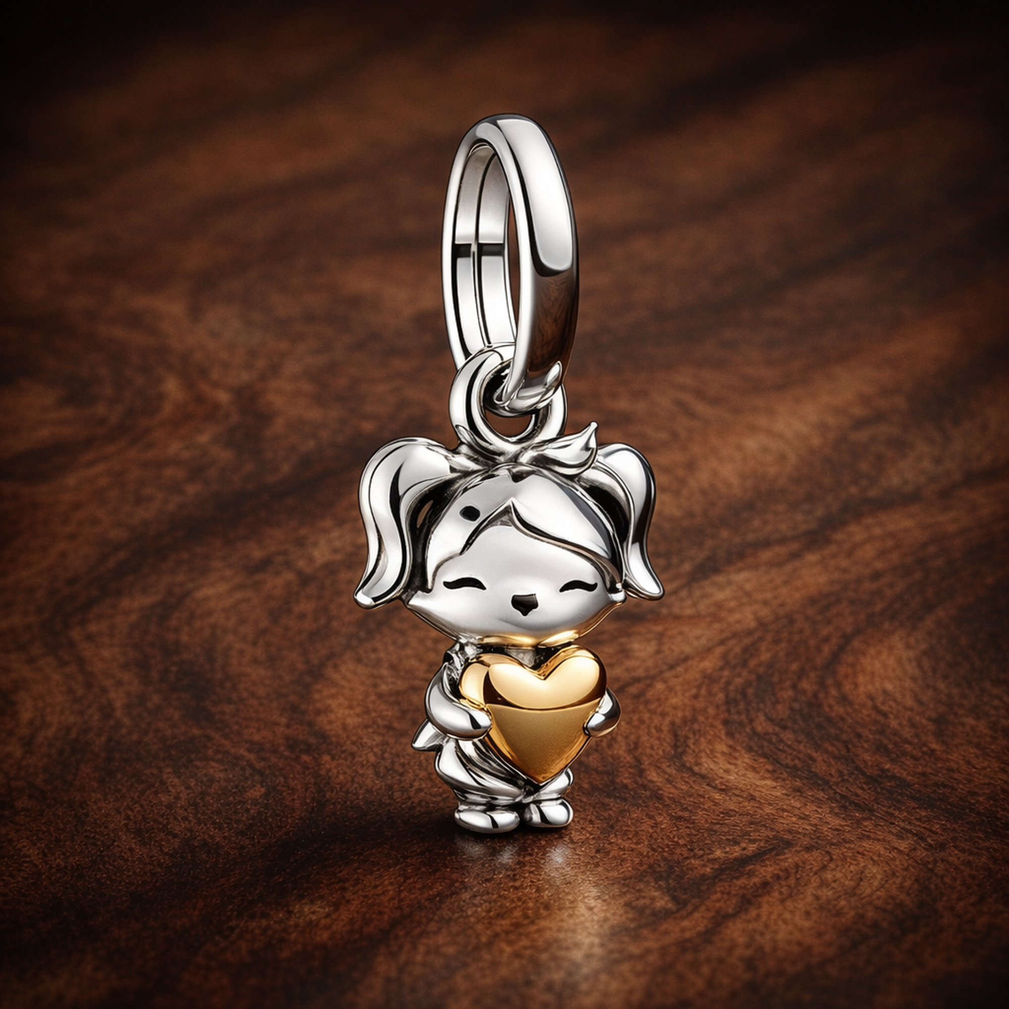 Happy Girl Dangle Charm — display on walnut