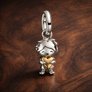 Girl With Gold Plated Heart Charm - Girl Heart Charm — display on walnut