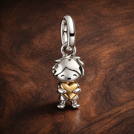 Girl With Gold Plated Heart Charm - Girl Heart Charm — display on walnut