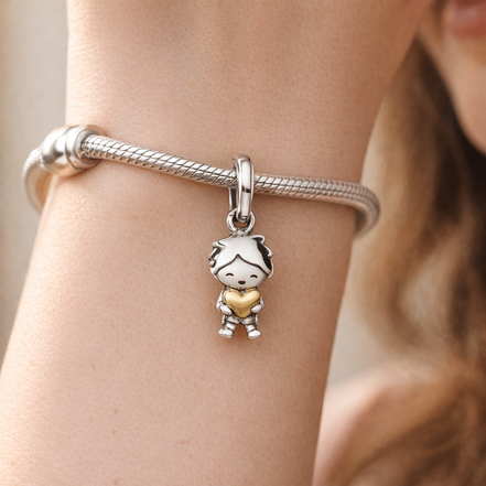 Girl With Gold Plated Heart Charm - Girl Heart Charm — worn on wrist