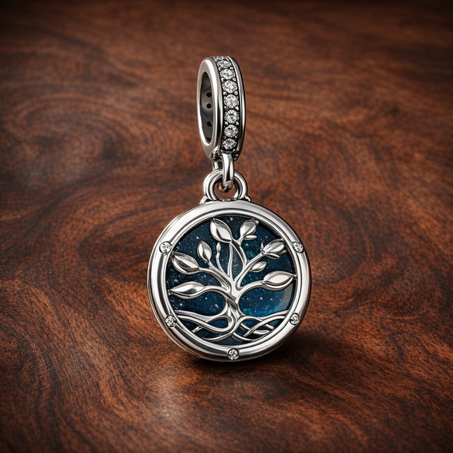 Glow-in-the-dark Infinity Tree Double Dangle Charm — display on walnut