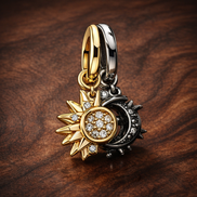 Splittable Sun & Moon Dangle Charm — display on walnut