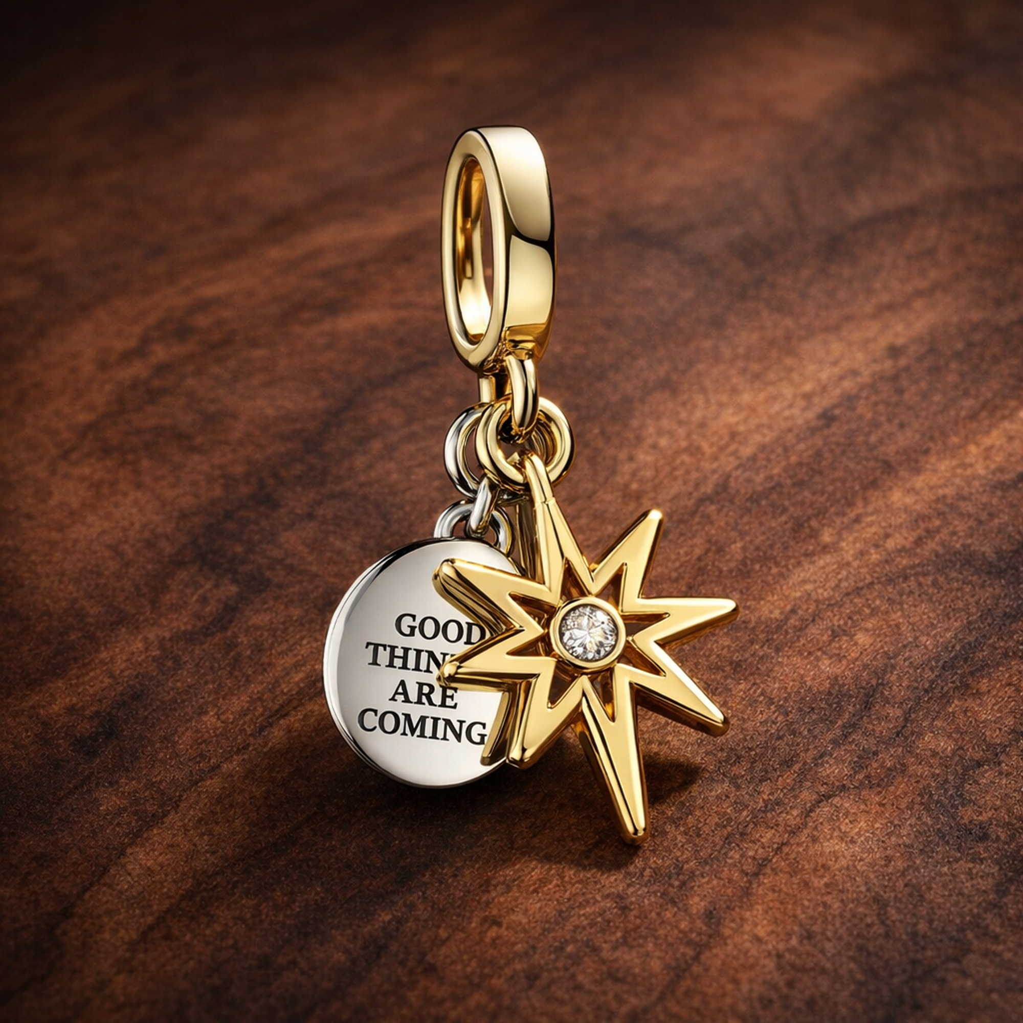 Gold Plated Comic Burst Charm - Comic Burst Charm — display on walnut