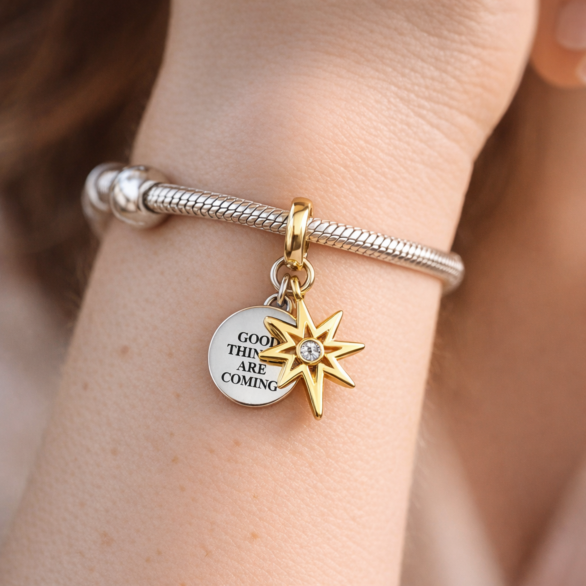 Gold Plated Comic Burst Charm - Comic Burst Charm — worn on wrist