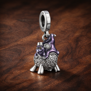 Purple Owl Dangle - Purple Owl Dangle Charm — display on walnut