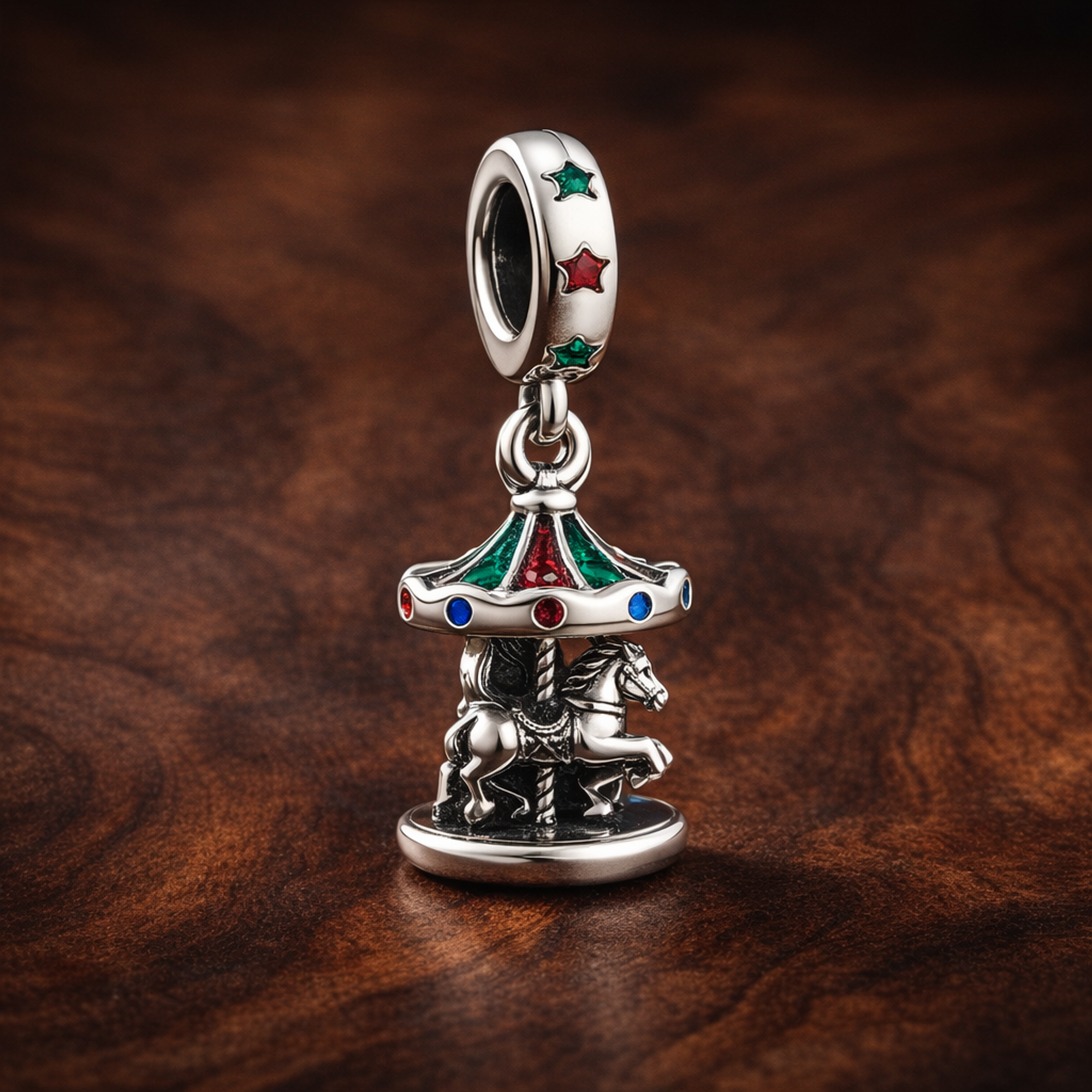 Spinning Carousel Dangle Charm — display on walnut