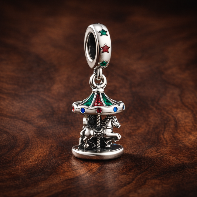 Spinning Carousel Dangle Charm — display on walnut