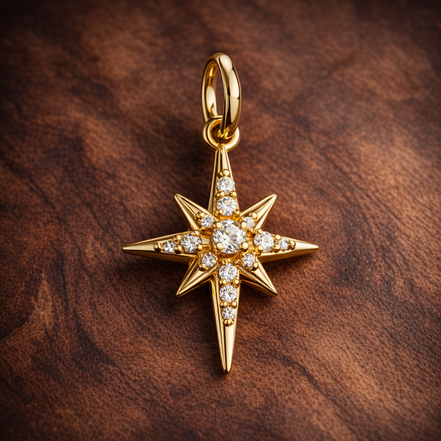 Sparkling North Star Dangle Charm — display on walnut