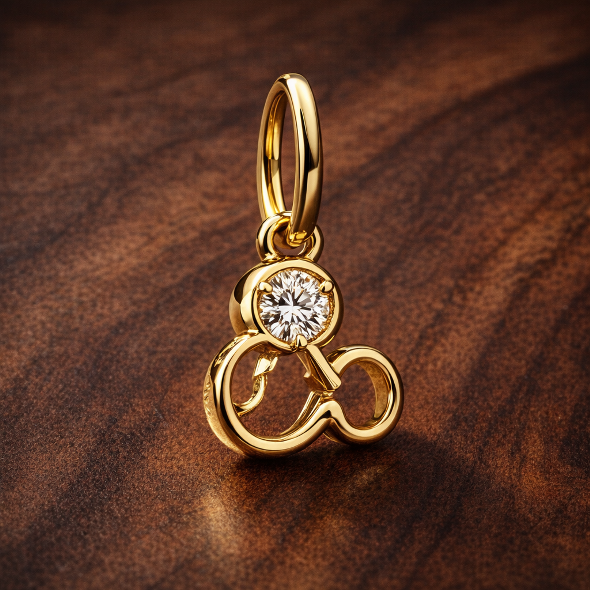 Disney Mickey Mouse Silhouette Lab-Grown Diamond Dangle Charm — display on walnut
